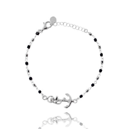 Bracciale con ancora in argento rodiato tit 925 e pietre nere cm 18-21