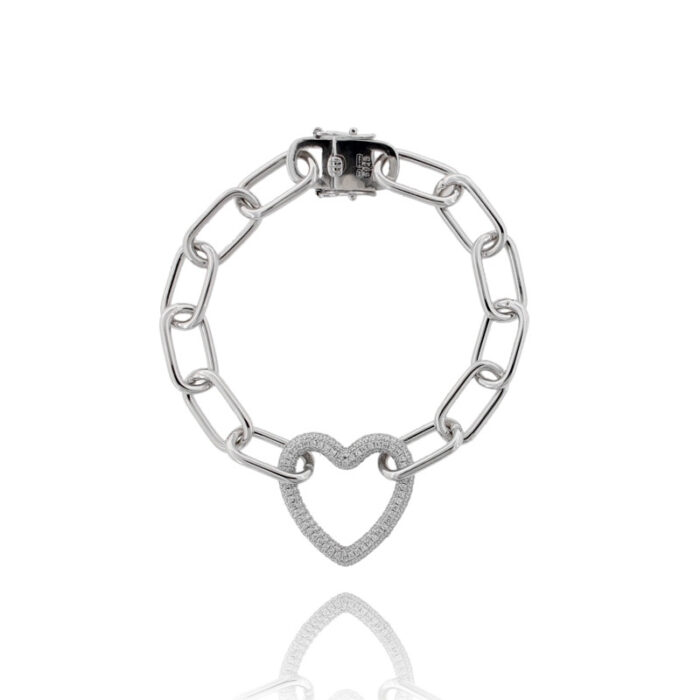 Bracciale con cuore in argento rodiato tit 925 e zirconi bianchi cm 18