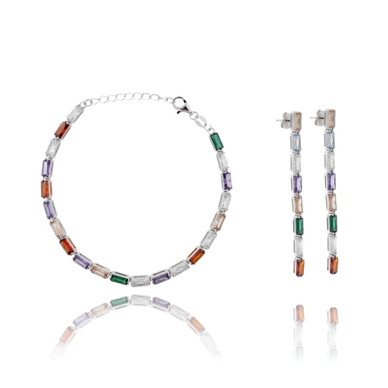 Orecchini pendenti e bracciale cm 17-19 con baguette di zirconi colorati in argento rodiato tit 925