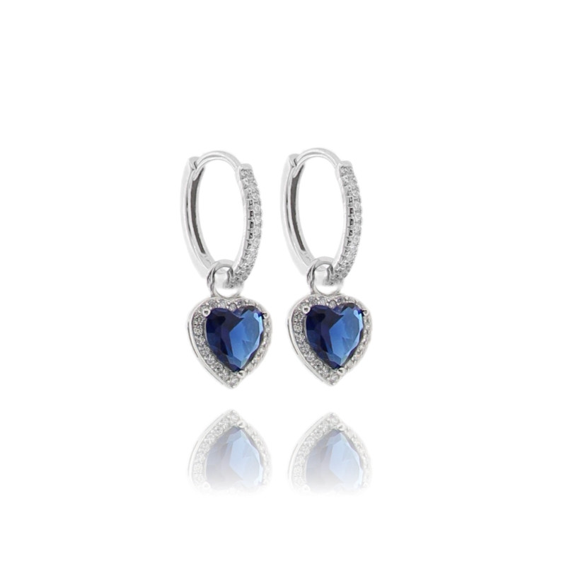 Orecchini a cerchio diametro mm 12 con cuore pendente in argento rodiato tit 925 e zirconi blu