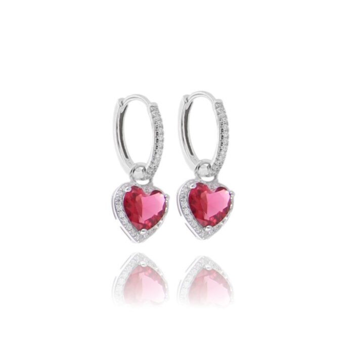 Orecchini a cerchio diametro mm 12 con cuore pendente in argento rodiato tit 925 e zirconi